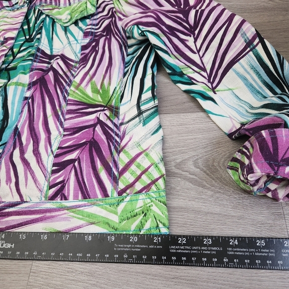 Margaret Frances Floral Top Jacket Size 14 Linen Button Purple‎ Lime Teal Tones - Picture 8 of 11